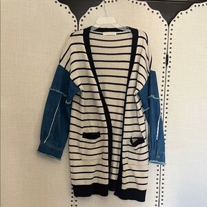 Navy Striped Cardigan with Denim Sleeves